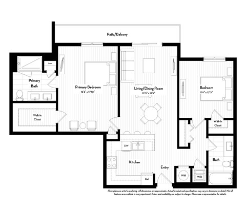 Floor plan for 2 beds, 2 baths, 1115 sqft